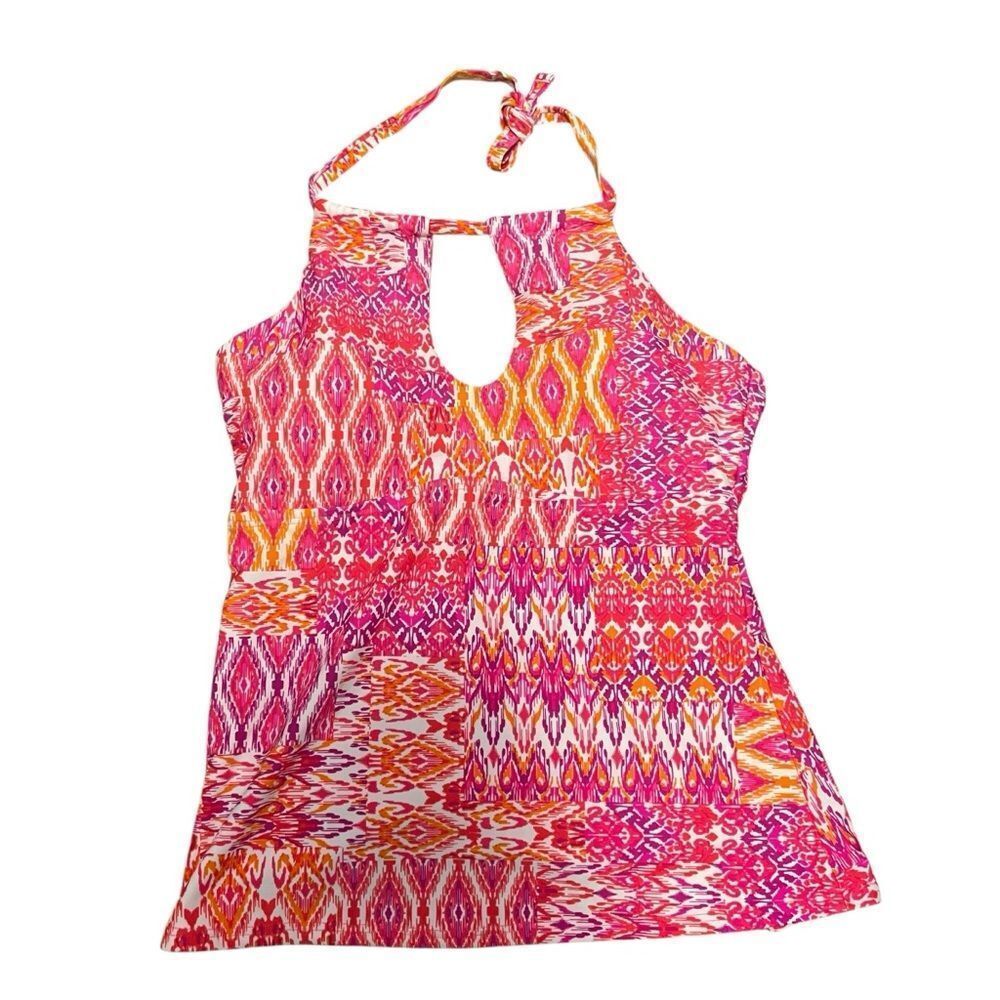 Island Waves Pink Orange Ikat Halter Tankini Top Keyhole Neck NEW